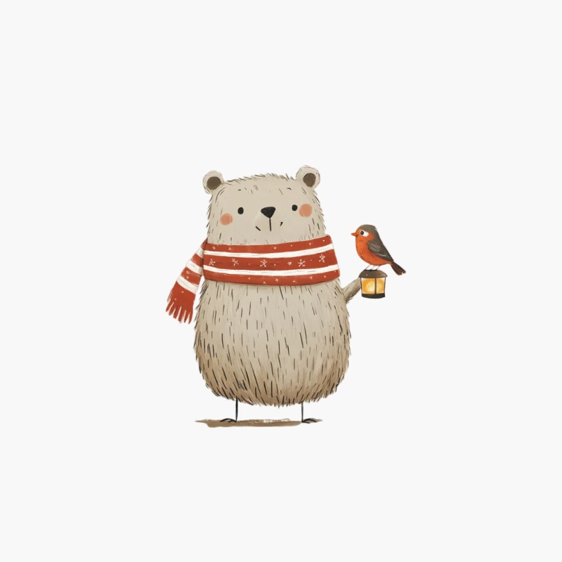 Cute Illustrated Bear with Winter Scarf and Bird Friend Holding Lantern Cotton Tote Bag