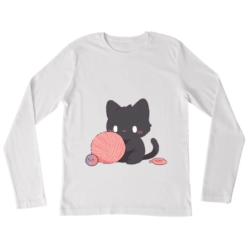 Niedliches schwarzes Kätzchen mit Wollknäuel Damen Langarm T-Shirt
