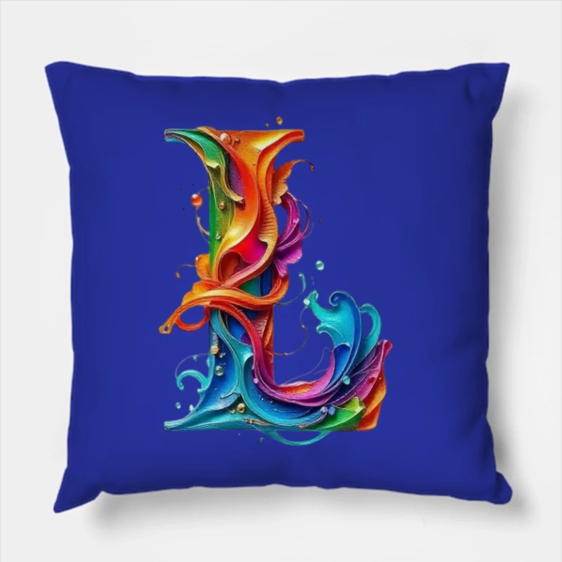 Vibrant Liquid Rainbow Letter L Artistic Typography Throw Pillow