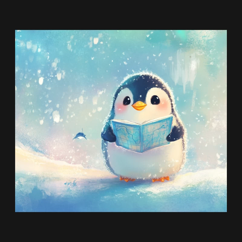 Cute Penguin Reading Book in Snowy Winter Illustration Mouse Pad