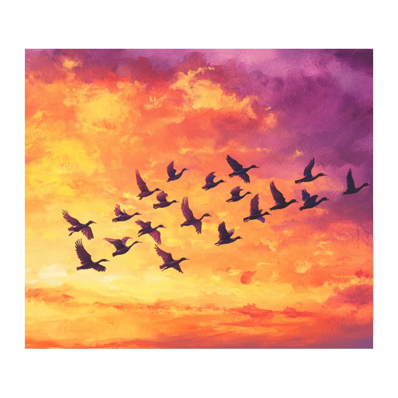 Flock of Birds Silhouetted Against Vibrant Sunset Sky Tapestry