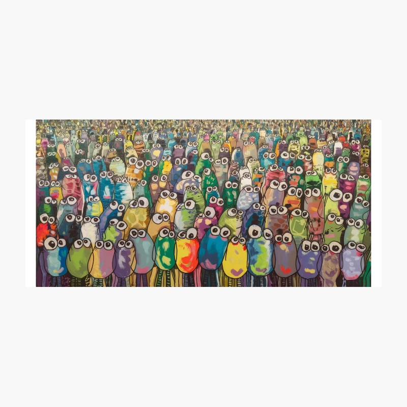 Whimsical Crowd of Colorful Cartoon Creatures with Big Eyes Coffee Mug