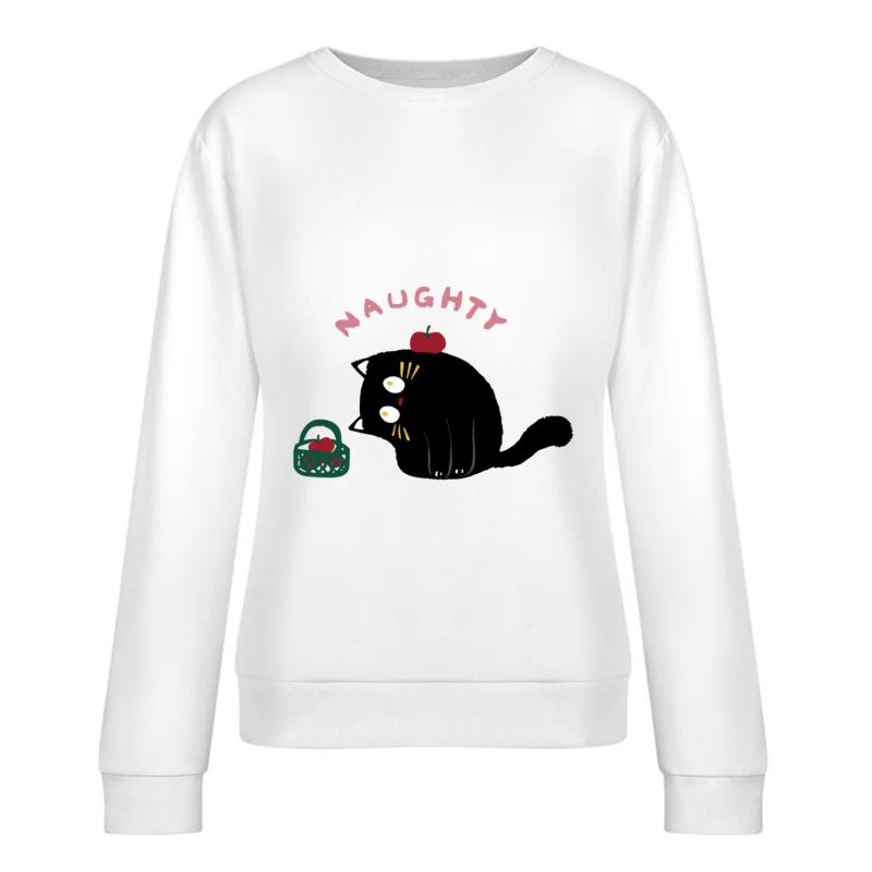 Verspielte schwarze Katze mit Apfel Damen Pullover Sweatshirt