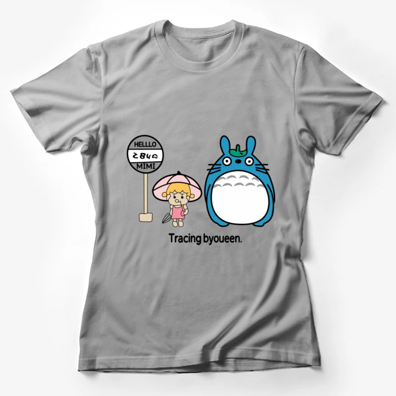 Niedliches Zeichentrickdesign mit Regenschirmmädchen und blauem Tier Damen T-Shirt