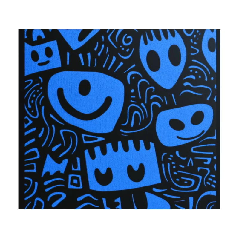 Quirky Blue and Black Abstract Doodle Pattern with Smiley Faces Tapestry