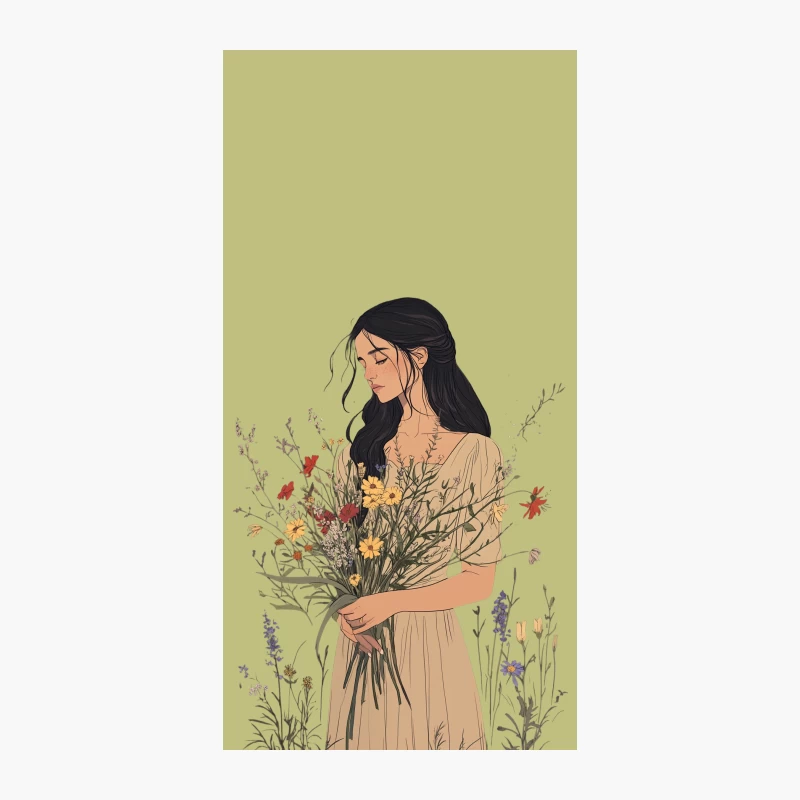 Serene Woman Holding Wildflowers in Nature Illustration iPhone Case