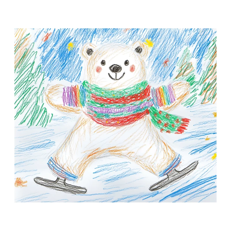 Cheerful Ice Skating Polar Bear in Colorful Winter Attire - Children's Crayon Drawing Tapestry
