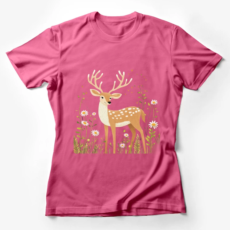 Cute Illustrated Deer in Woodland Flower Scene Female T-Shirt