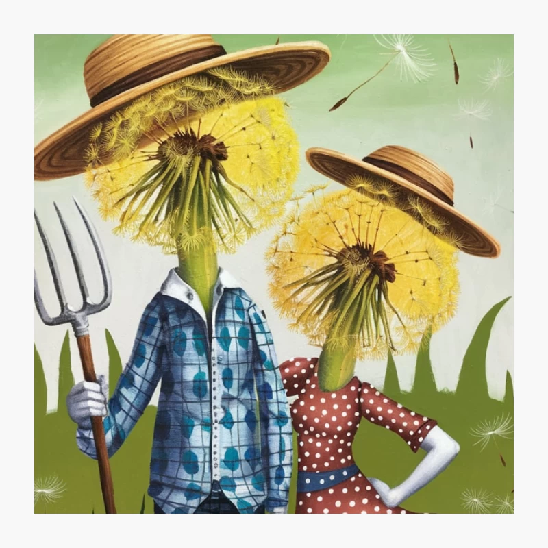 Whimsical Dandelion Farmers: A Surrealist Garden Scene Pin