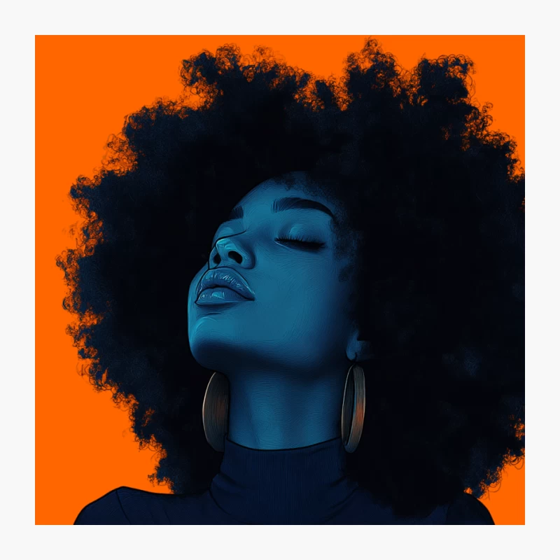 Artistic Blue-Tinted Portrait of Woman with Afro and Gold Earrings Pin