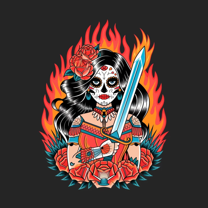 Traditional Day of the Dead Warrior with Sword and Roses in Flames Female Pullover Sweatshirt