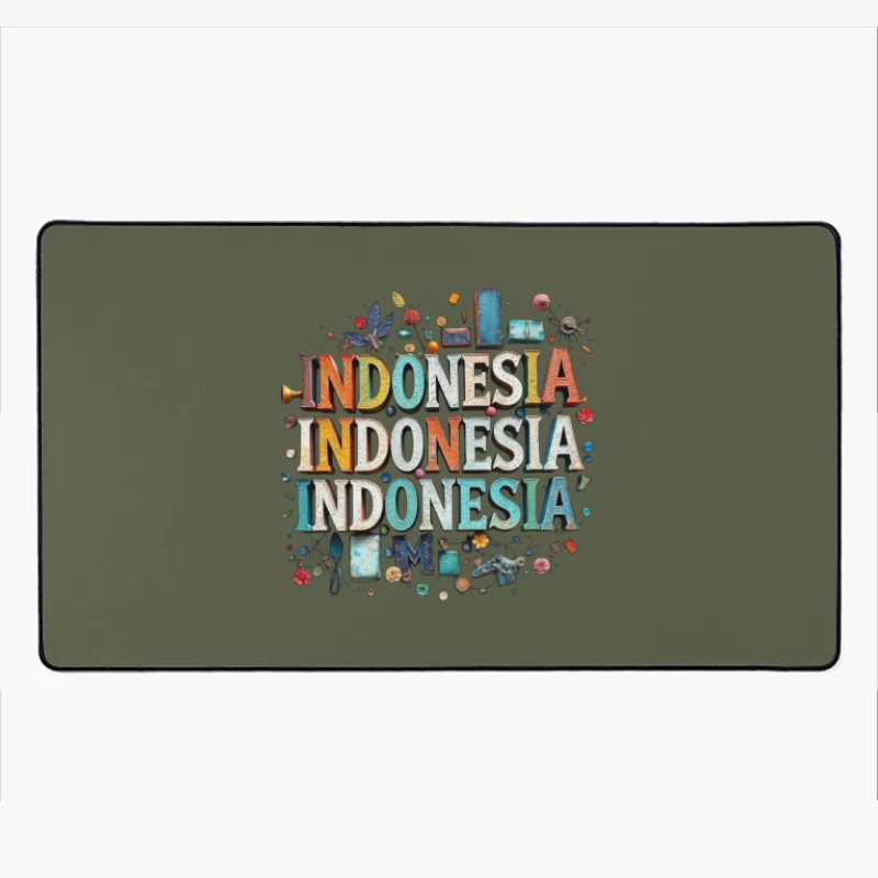 Artistic Typography Design of Indonesia with Colorful Decorative Elements Desk Mat