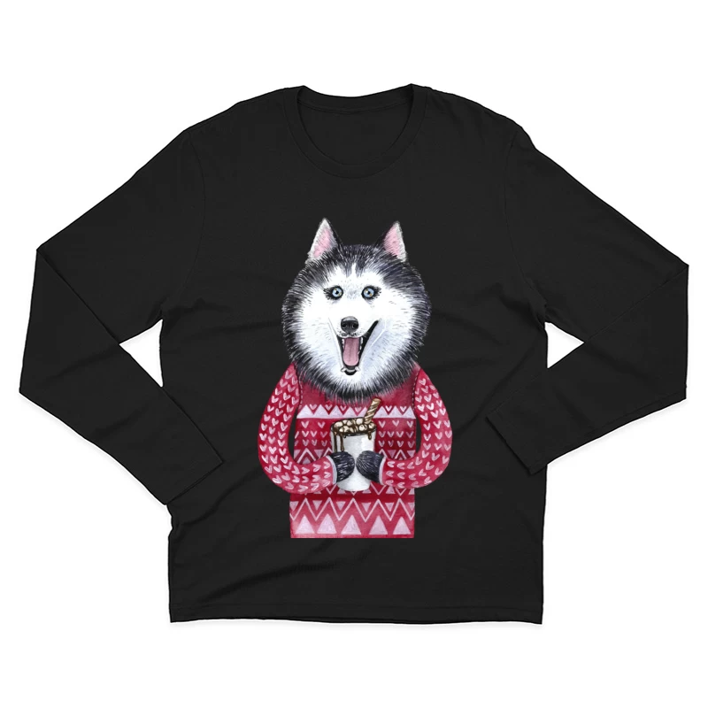 Chien mignon en pull avec chocolat chaud Homme Manches Longues T-Shirt