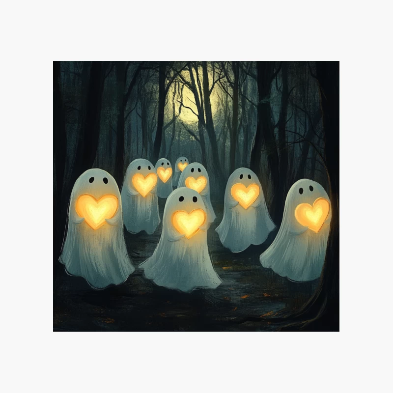 Friendly Ghosts with Glowing Hearts Haunt Spooky Forest Cotton Tote Bag