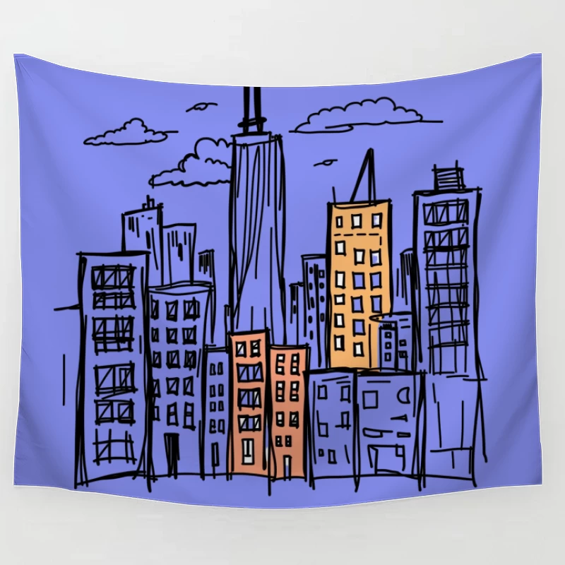 City skyline illustration Tapestry
