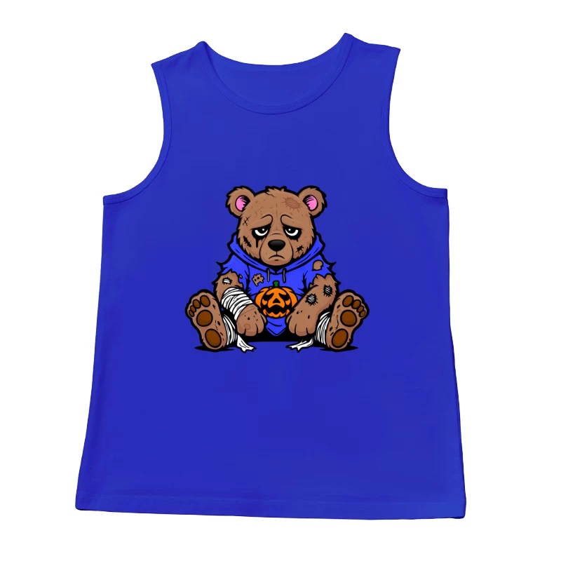 Sad Injured Teddy Bear in Blue Hoodie with Halloween Pumpkin Male Tank Top