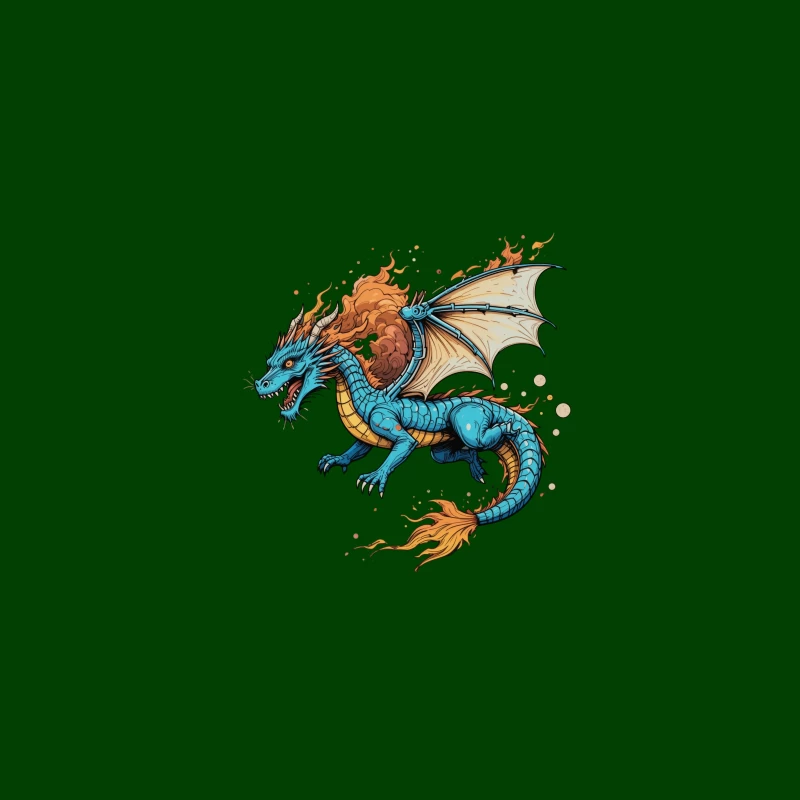 Fierce Blue Dragon with Fiery Mane and Wings Desk Mat