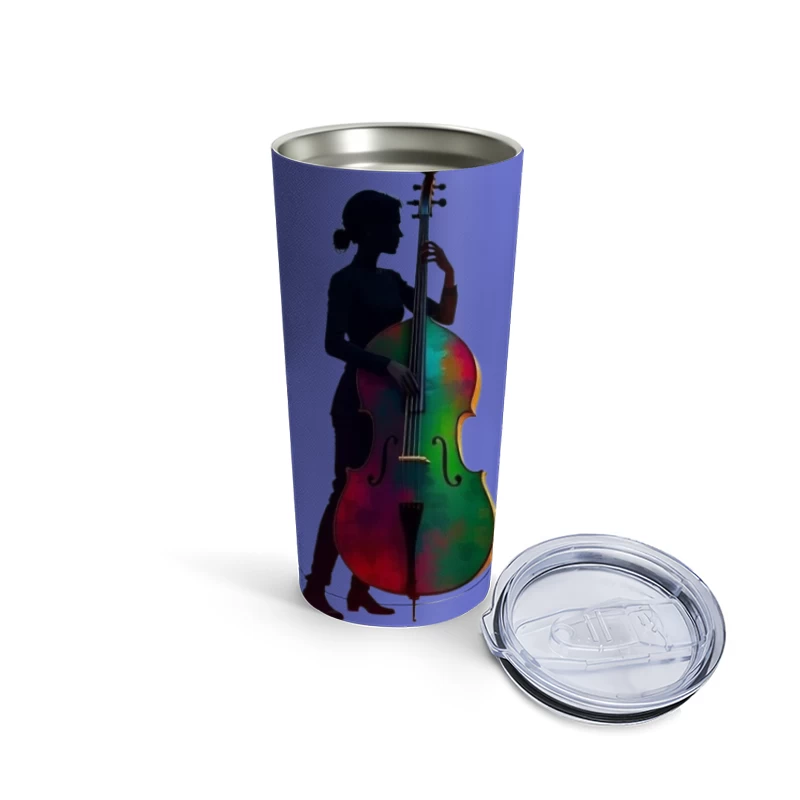 Colorful Silhouette of a Woman with a Cello Travel Mug