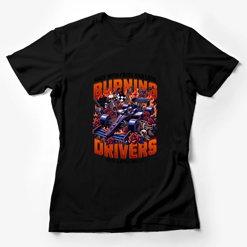 Pilotes en feu avec squelettes et roses Femme T-Shirt