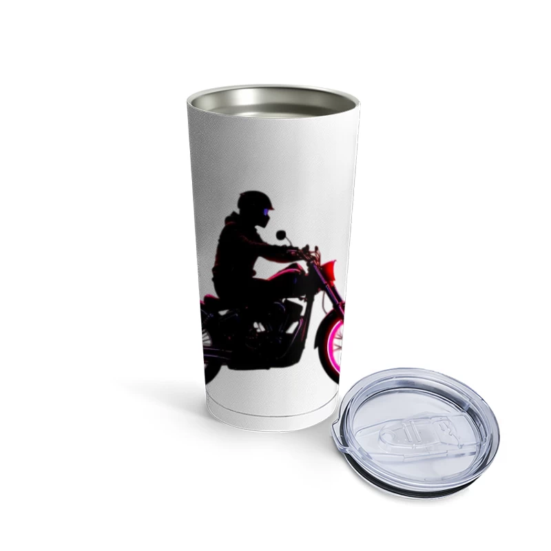 Silhouetted Motorcycle Rider with Neon Red Accents Travel Mug