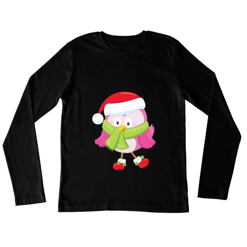 Chouette de Noël rose avec écharpe verte Femme Manches Longues T-Shirt