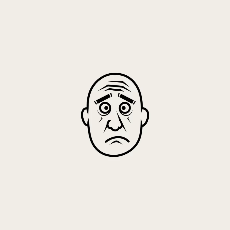 Simple Black and White Cartoon of Sad Bald Face with Worried Expression Bucket Hat