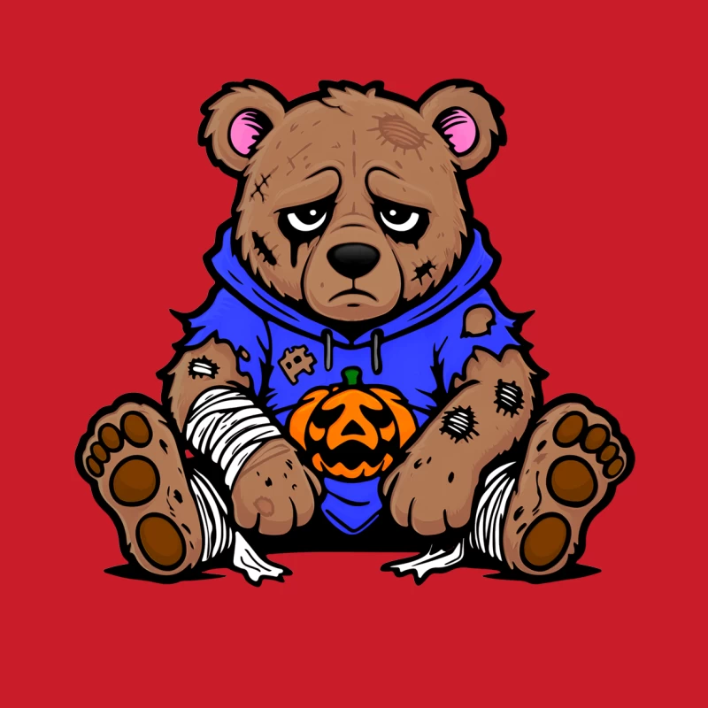 Sad Injured Teddy Bear in Blue Hoodie with Halloween Pumpkin Male Pullover Hoodie