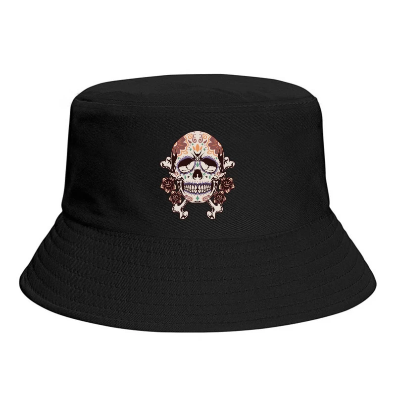 Decorative Skull with Crossbones and Floral Elements Bucket Hat