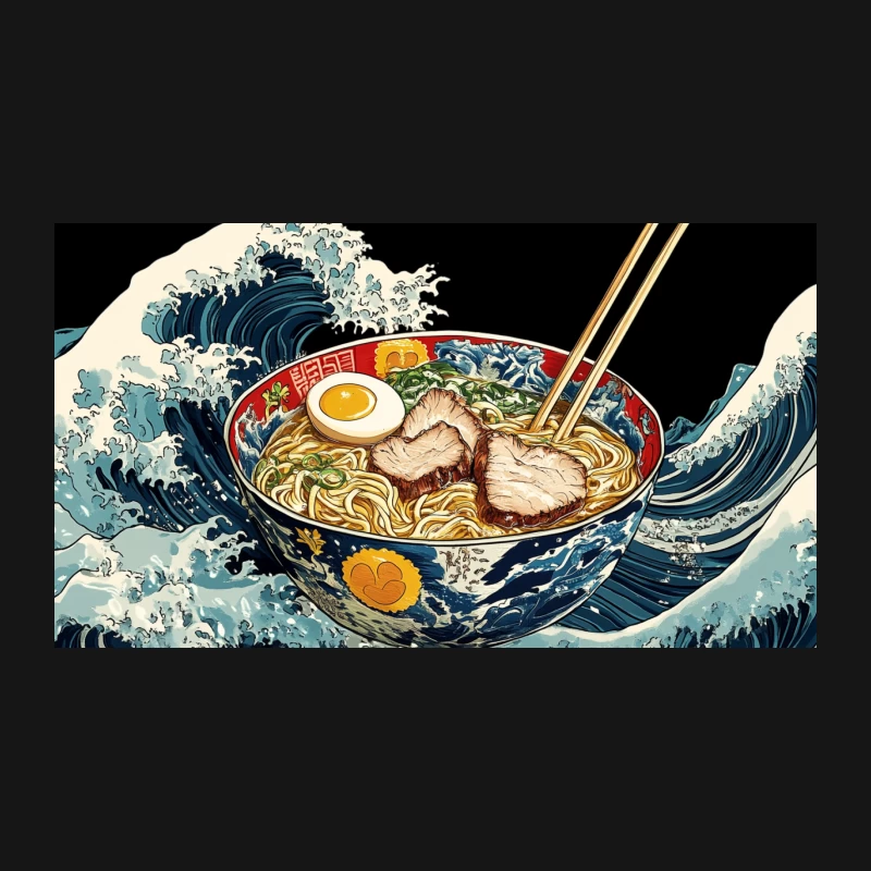 Artistic Ramen Illustration with Ocean Waves Desk Mat
