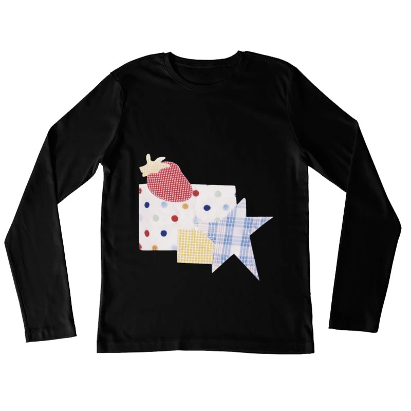 Patchwork-Muster mit Erdbeere, Stern und Punkten Damen Langarm T-Shirt