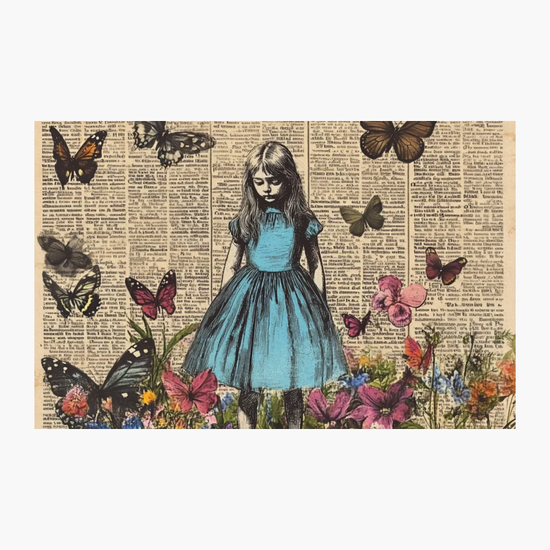 Whimsical Girl in Blue Amidst Butterflies and Flowers: A Vintage Newspaper Collage Travel Mug