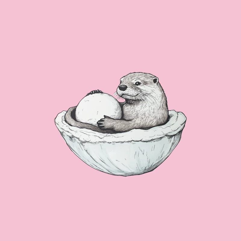 Cute Otter Hugging Egg in Bowl Illustration Bucket Hat
