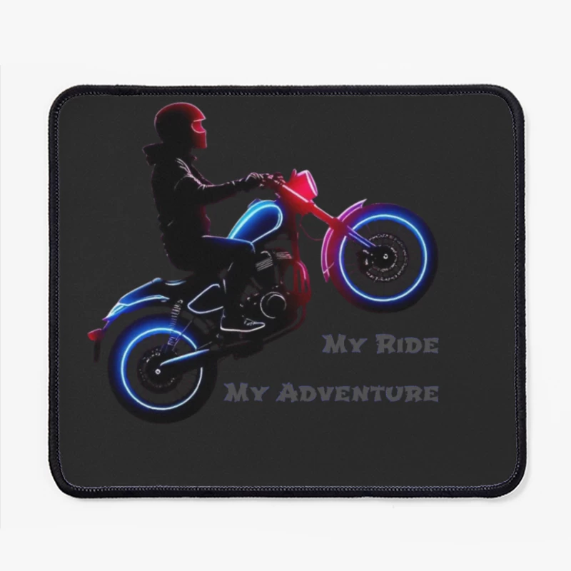 Neon-Lit Motorcycle Rider Silhouette with Adventure Quote Mouse Pad