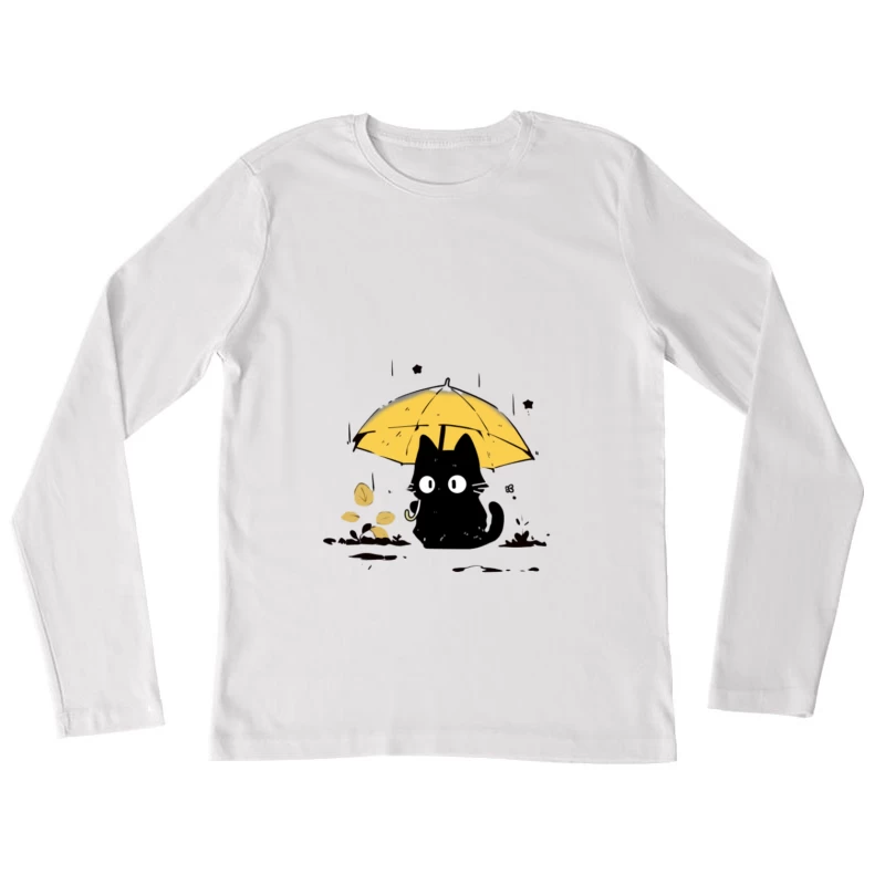 Chat noir avec un parapluie sous la pluie Femme Manches Longues T-Shirt