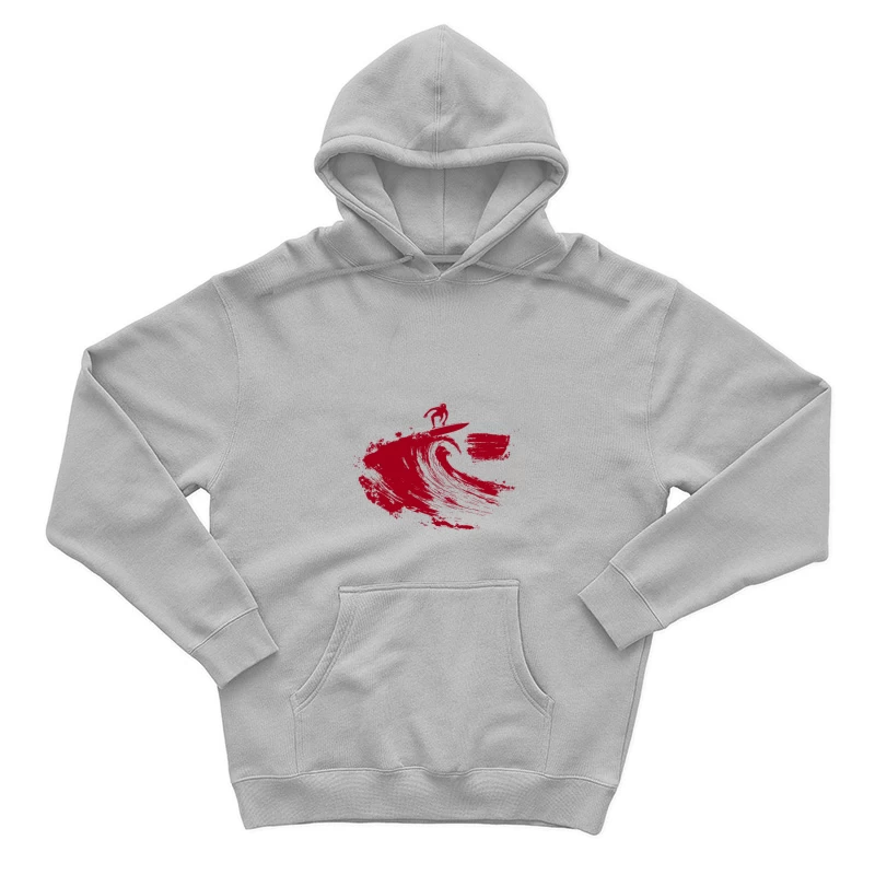 Red Minimalist Surfer Riding Ocean Wave Male Pullover Hoodie