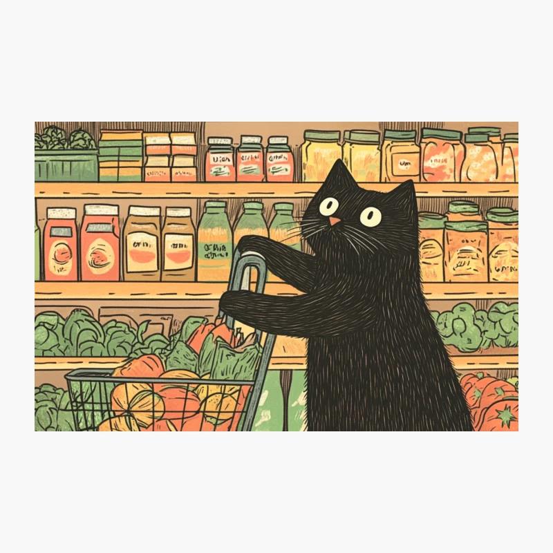 Curious Cat Goes Grocery Shopping in Whimsical Illustration Travel Mug
