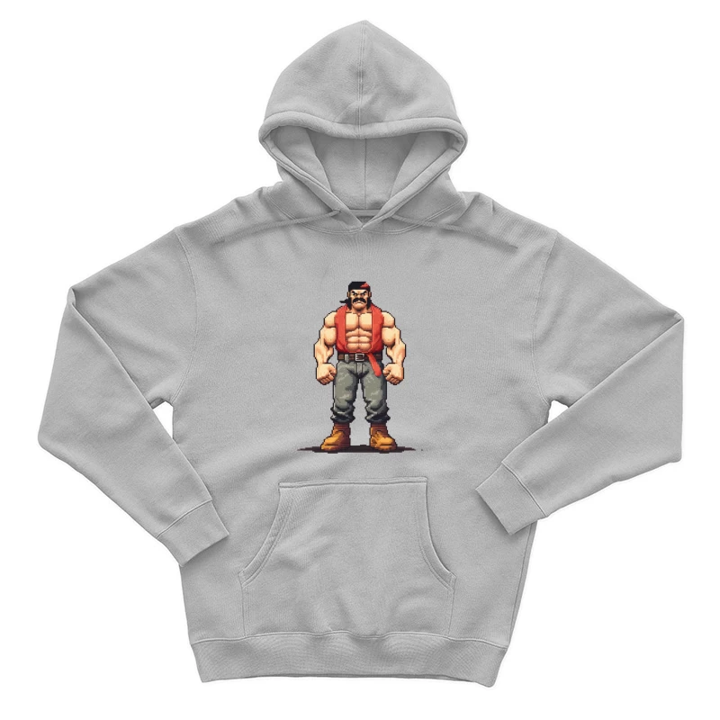 Retro Pixel Art Muscular Fighter in Red Vest Male Pullover Hoodie