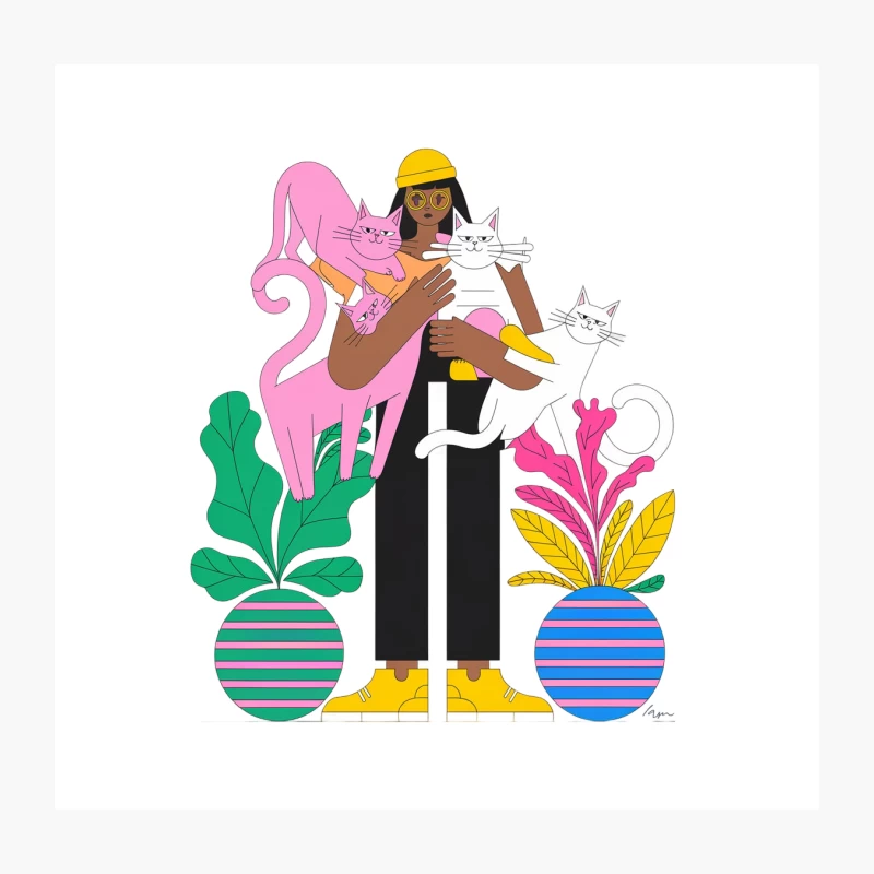 Colorful Modern Illustration of Cat Lover with Houseplants Throw Pillow