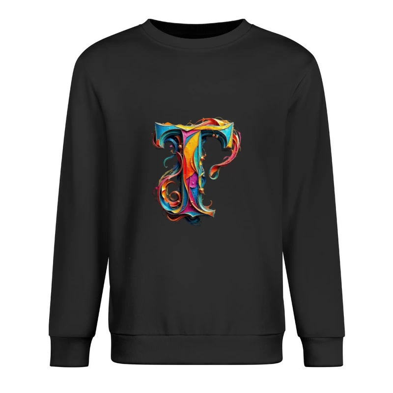 Ornate Colorful Typography: Decorated Letter T Illustration Male Pullover Sweatshirt