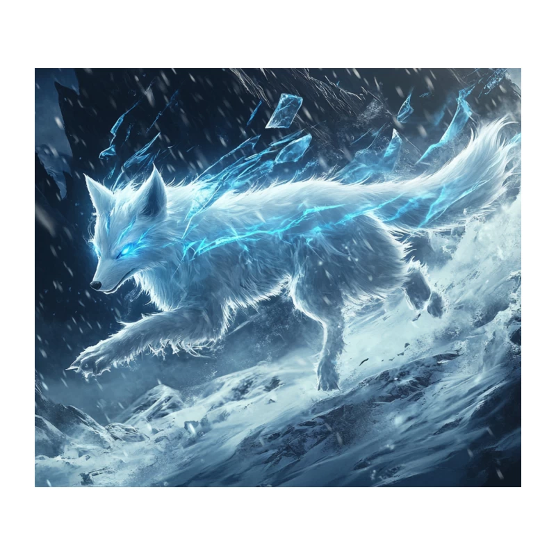 Ethereal Winter Wolf: A Glowing Spirit Animal in Snowy Fantasy Landscape Tapestry