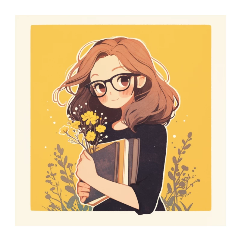 Bookish Girl with Yellow Flowers - Anime Style Illustration Pin