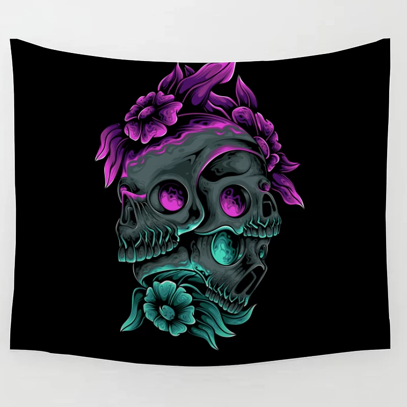 Colorful Skull Art with Floral Elements Tapestry