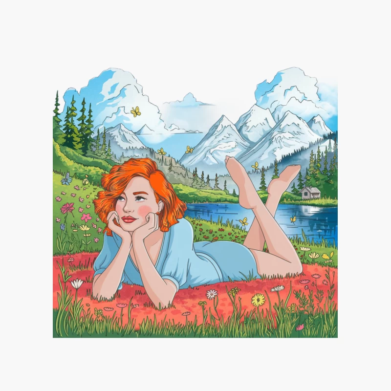 Serene Alpine Meadow Illustration with Lake and Mountains Cotton Tote Bag