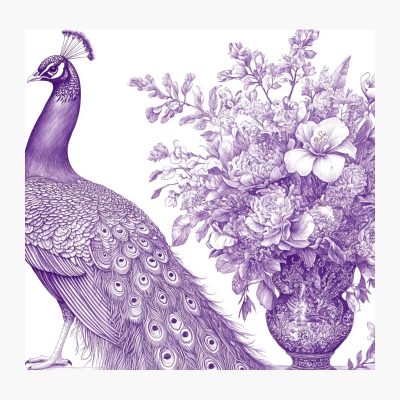 Vintage Purple Peacock with Floral Arrangement Throw Pillow