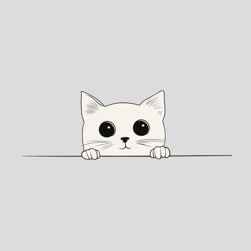 Cute Cartoon White Cat Peeking with Big Eyes in Minimalist Line Drawing Baseball Cap