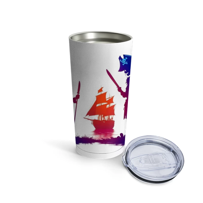 Pirates and Ship Silhouettes at Sunset Travel Mug