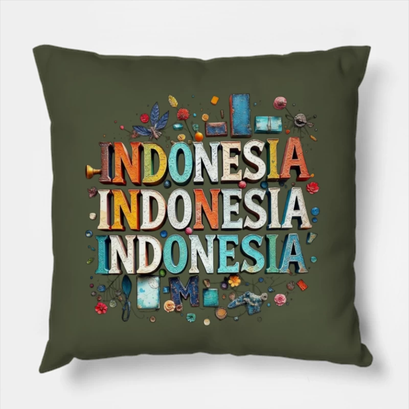 Artistic Typography Design of Indonesia with Colorful Decorative Elements Throw Pillow