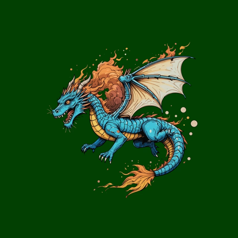 Fierce Blue Dragon with Fiery Mane and Wings Tapestry