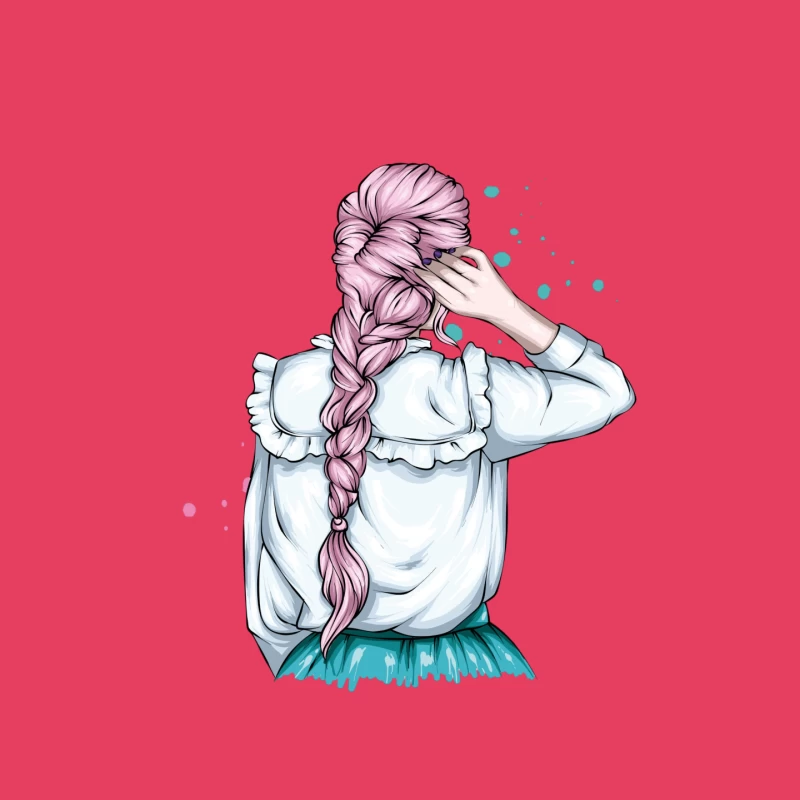 Whimsical Illustration of a Girl with Pink Hair in a Braid Mouse Pad