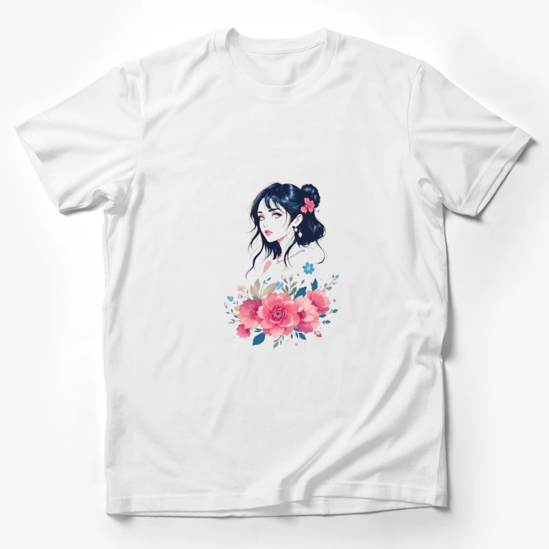 Elegant Anime Portrait with Pink Floral Arrangement Male T-Shirt